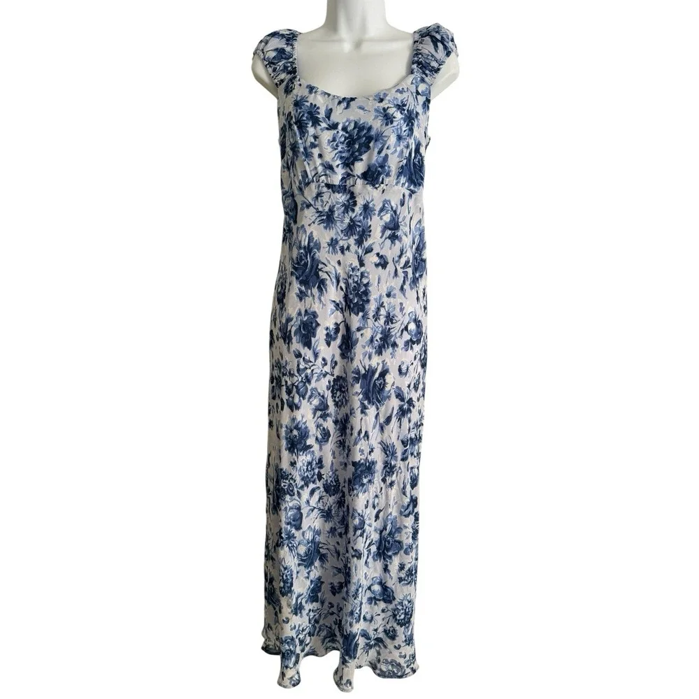 Abercrombie‎ & Fitch Floral Maxi Dress LT TALL Blue White Cottagecore Side Smock